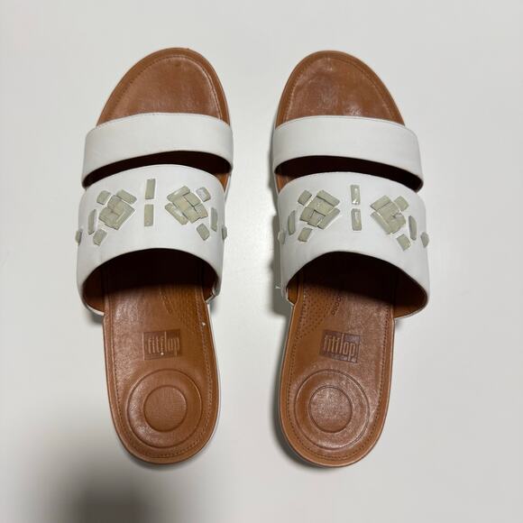 FitFlop Delta Leather Slide Sandals Jewel Beaded Double Strap Coastal Boho Sz 10 - Picture 1 of 7